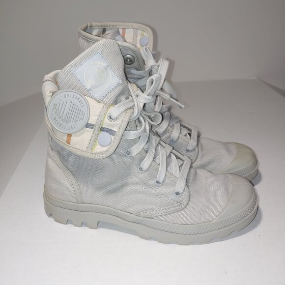 Palladium Canvas Plaid Lined Lace Up Lug Sole Ankle Boots Size 7.5 Light Grey - Picture 1 of 8